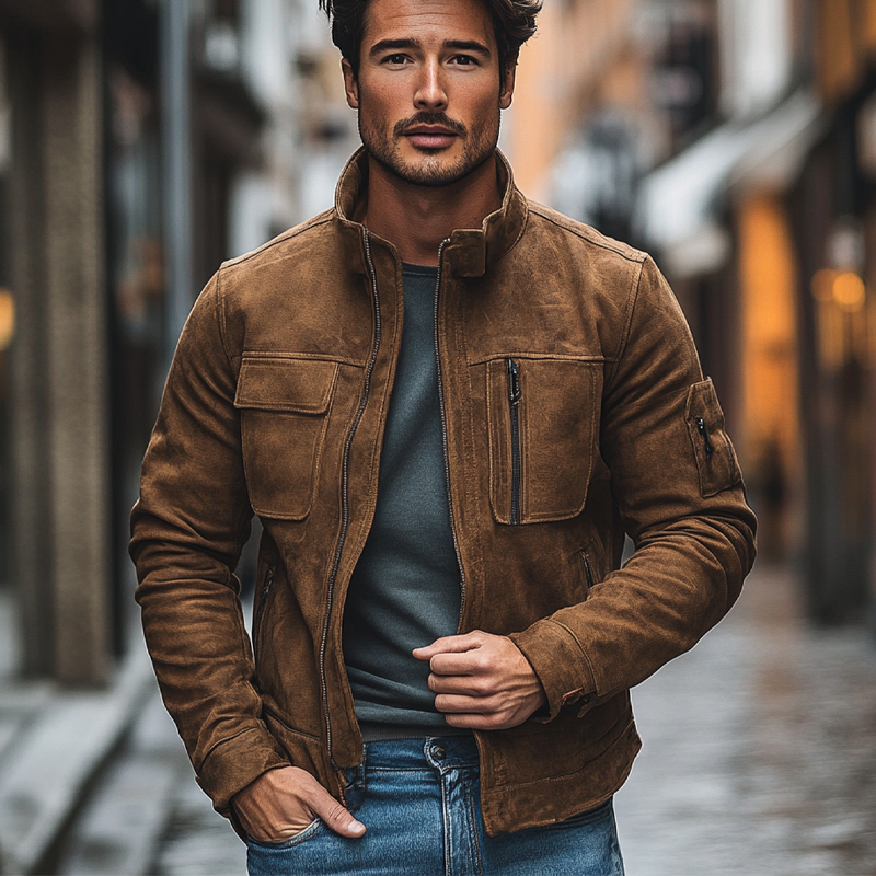 Men's Solid Faux Suede Stand Collar Zip-Up Jacket MTA2803I5X