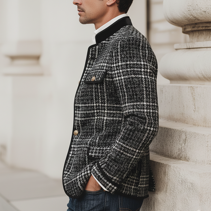Men's Vintage Plaid Trim Faux Wool Stand-collar Slim-fit Jacket MTA2807K5U