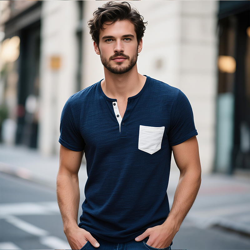 Men's Cotton Vintage Casual Colorblock Pocket Henley Short Sleeve T-Shirt MTA0764G1TO
