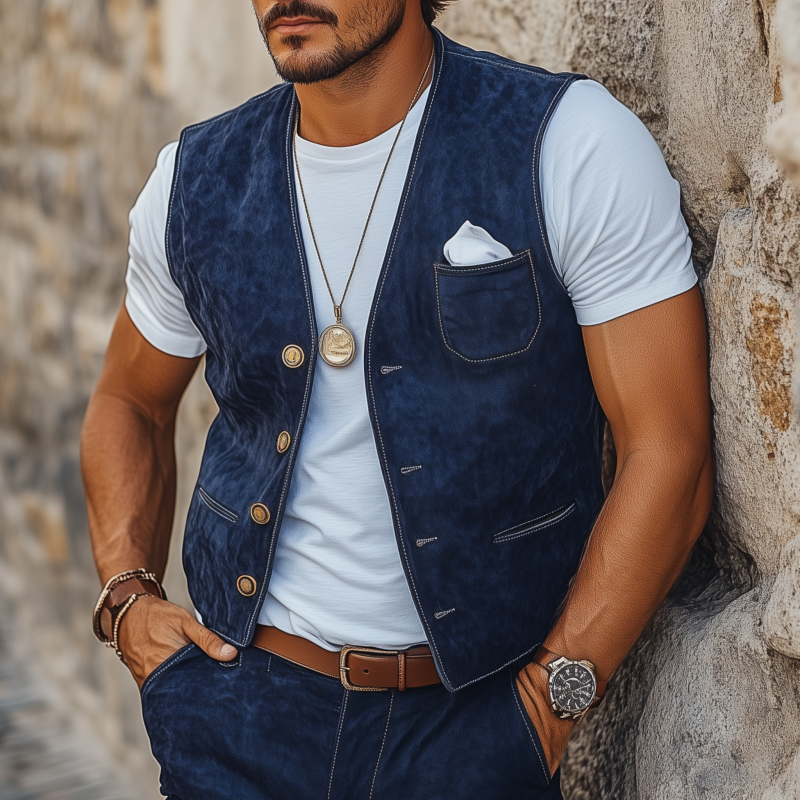 Men's Vintage Elegant Faux Suede V-Neck Single-Breasted Slim Fit Suit Vest MTA2458G5M