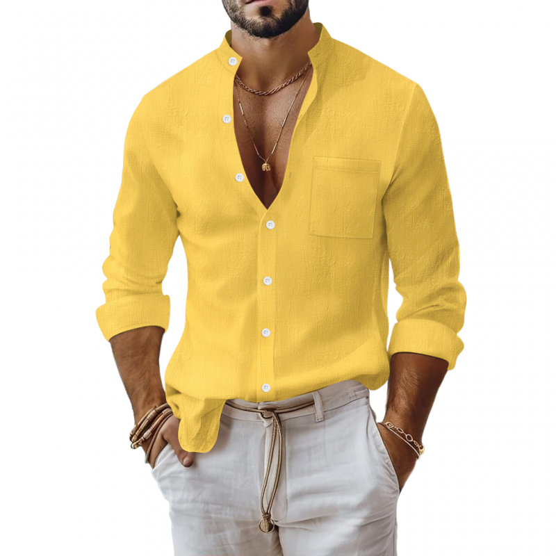 Men's Casual Breathable Solid Color Cotton Linen Stand-up Collar Patch Pocket Slim Fit Long Sleeve Shirt MTA0781G1M