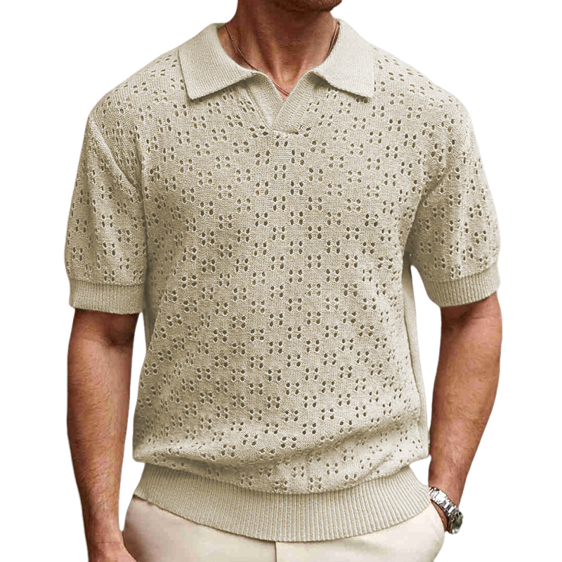 Men's Solid Color Knitted Texture Short Sleeve POLO Shirt MTA0631E0X