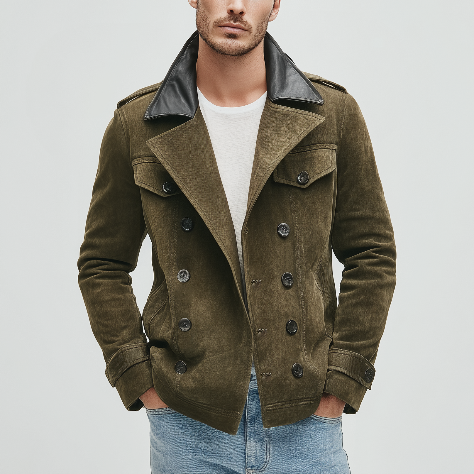 Men's Classic Retro Lapel PU Leather Double-breasted Multi-pocket Suede Jacket MTA0222I9K