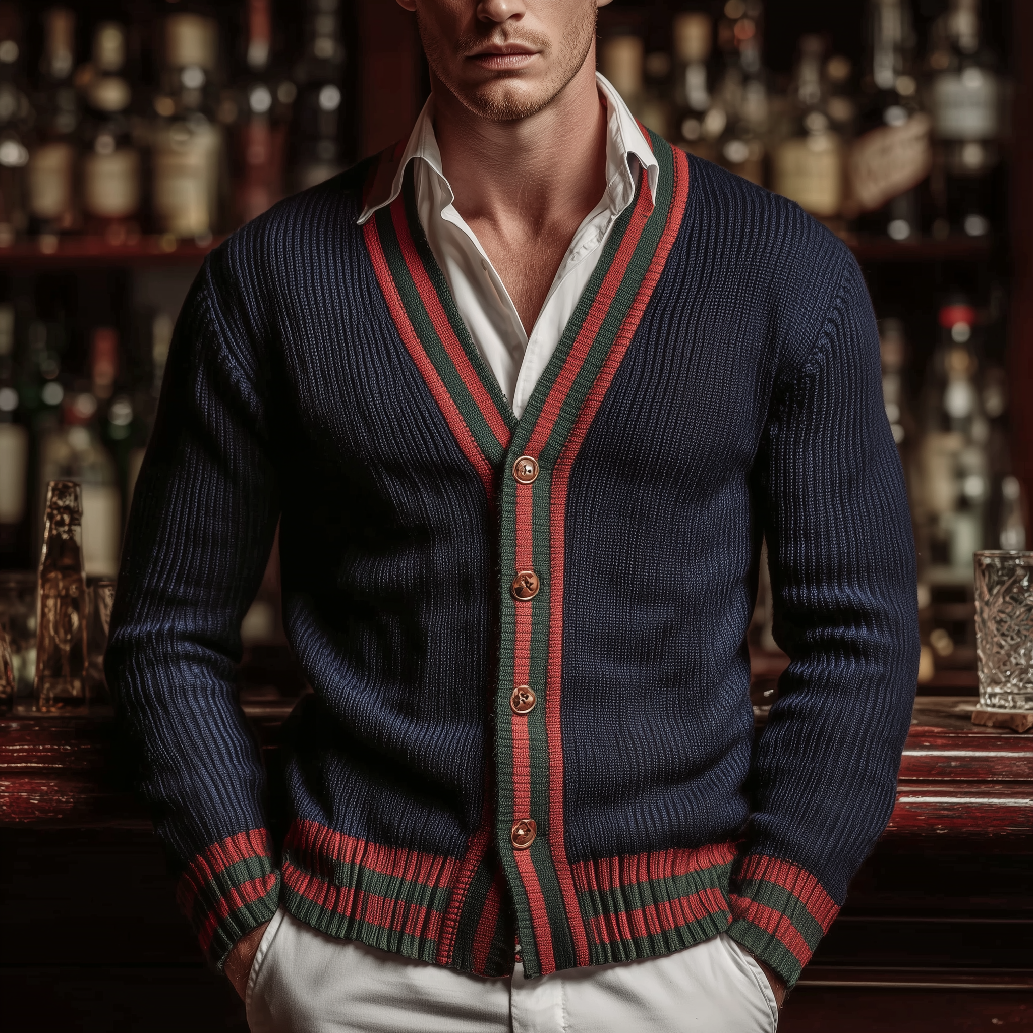 Men's Classic Casual Contrast Color Stitching Slim Fit Knitted Cardigan MTA2994I4K