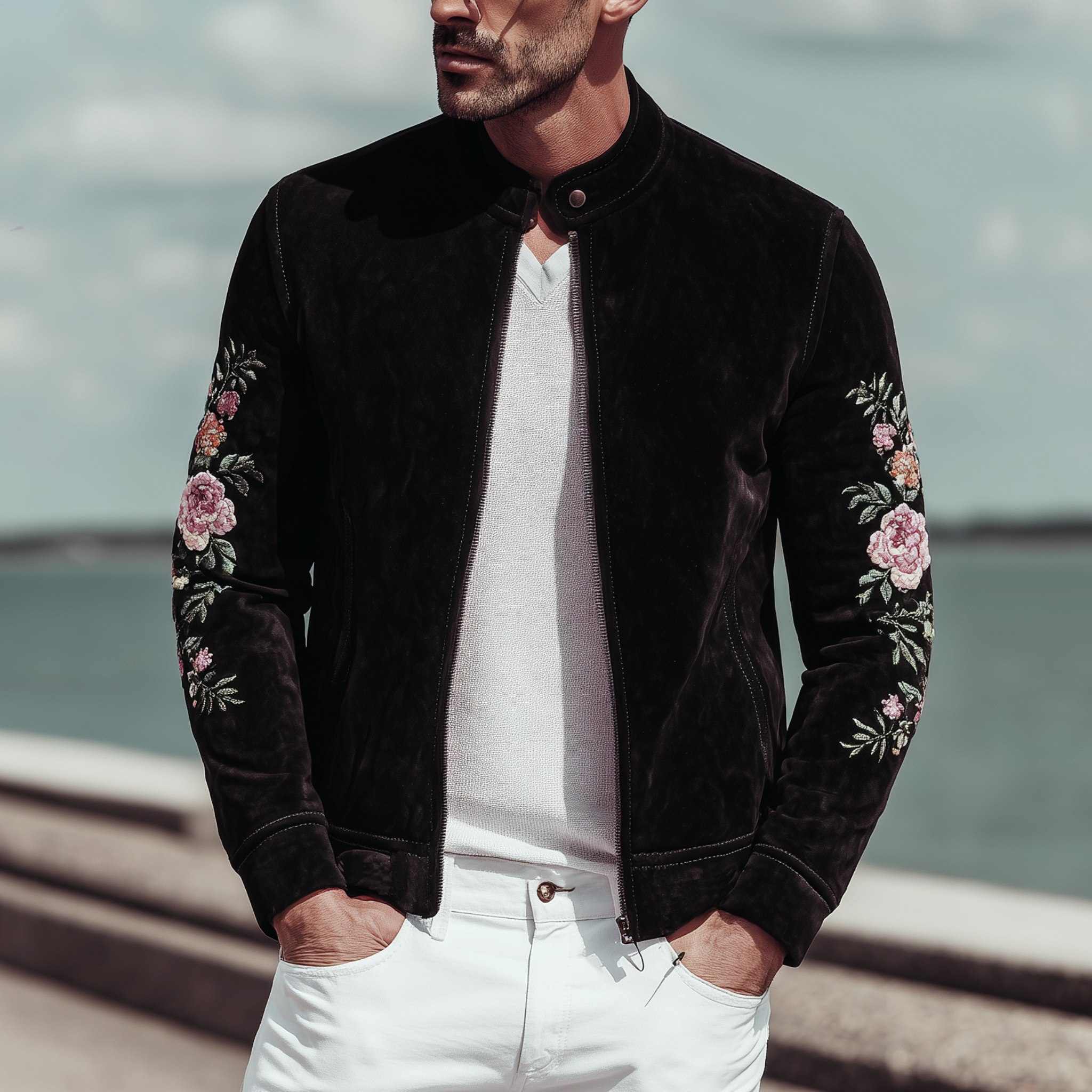 Men's Classic Vintage Stand Collar Suede Elbow Embroidery Zipper Jacket  MTA1478H9K