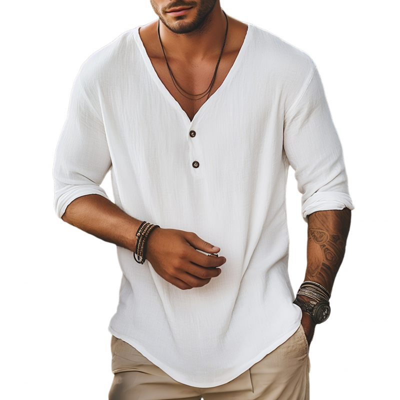 Men's Casual Solid Color Breathable Cotton Linen V-neck Loose Long-sleeved T-shirt MTA3022F4M