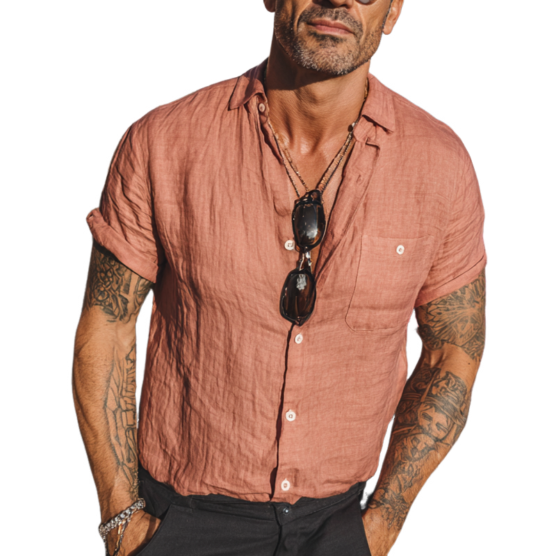 Men's Solid Color Cotton And Linen Blended Lapel Short-sleeved Shirt MTA1722G3X
