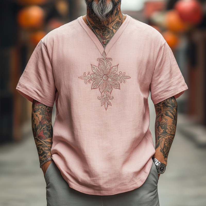 Men's Casual Vintage V-neck Cotton Blend Embroidered Short-sleeved T-shirt 47543472F