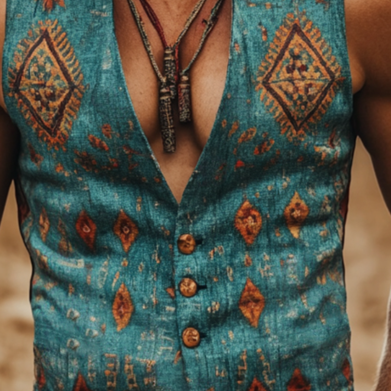Men's Retro Casual Ethnic Style Geometric Print Linen Stand Collar Vest MTA0687E1TO
