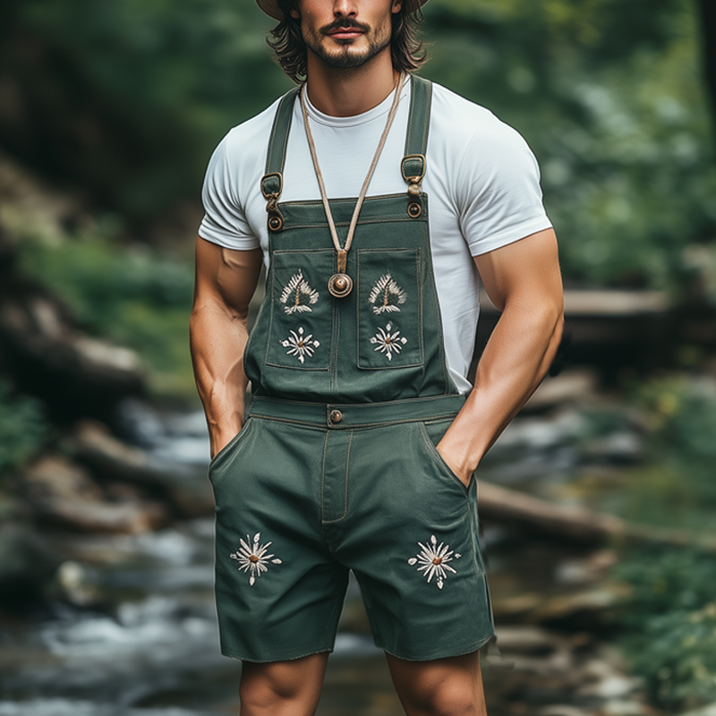 Men's Summer Classic Vintage Embroidered Denim Overalls MTA1256F3U