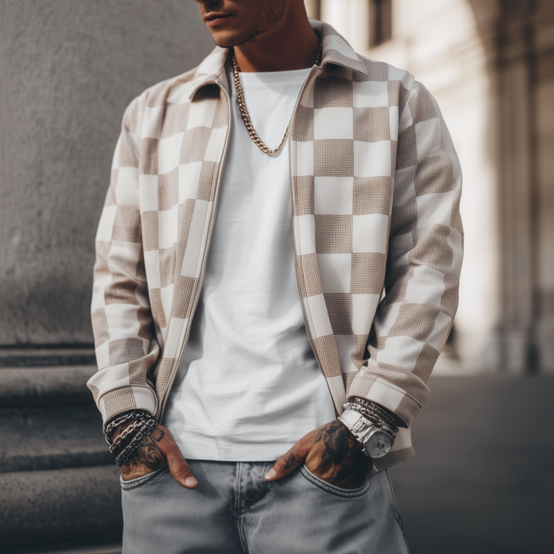 Men's Casual Fashion Contrast Checkerboard Lapel Zipper Placket Loose Jacket MTA3060G7M