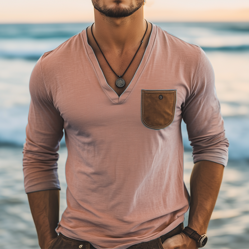 Men's Basic Deep V Neck Cotton Long Sleeve T-Shirt MTA2849G2U