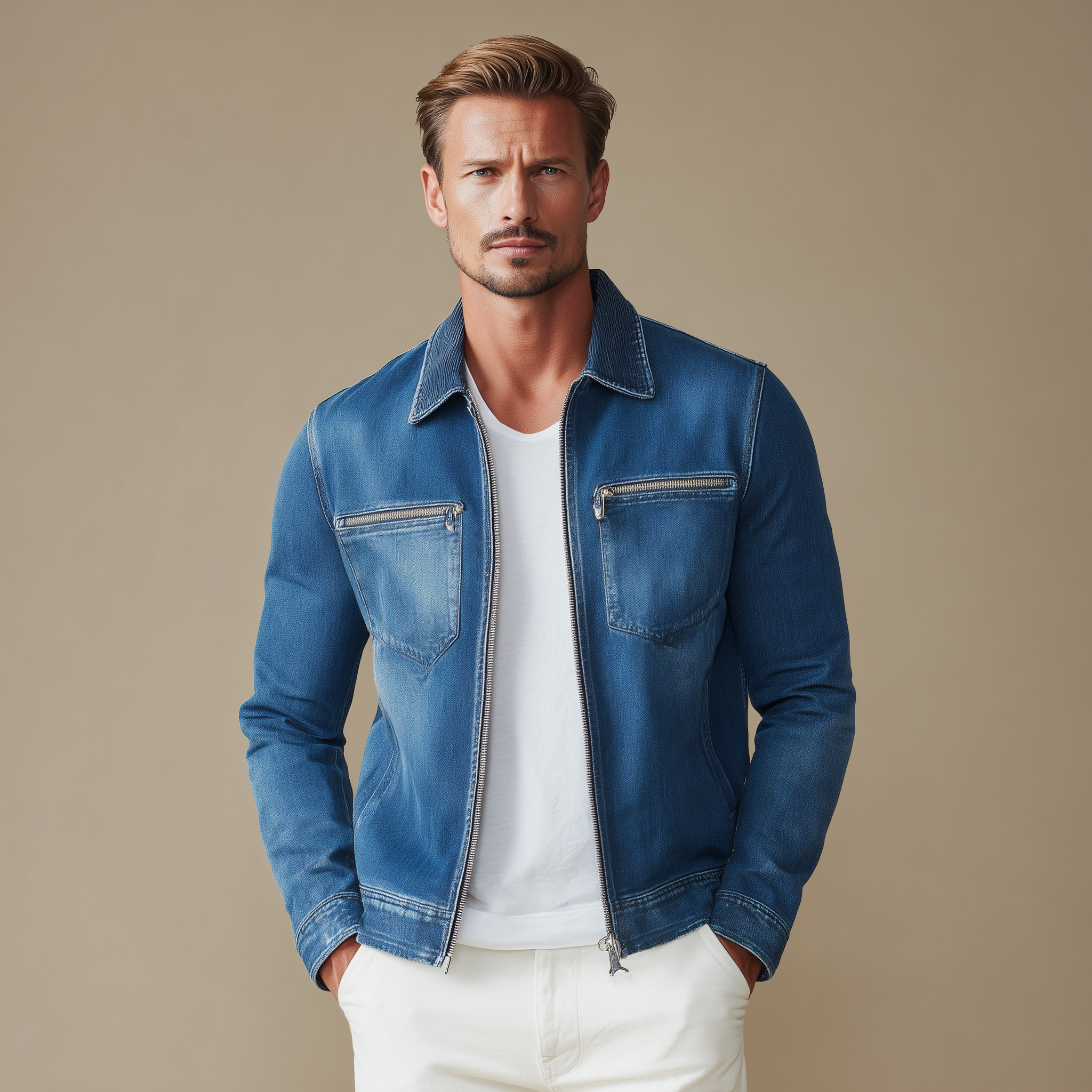 Men's Classic Casual Corduroy Collar Zipper Washed Denim Slim Fit Jacket MTA0772H5K