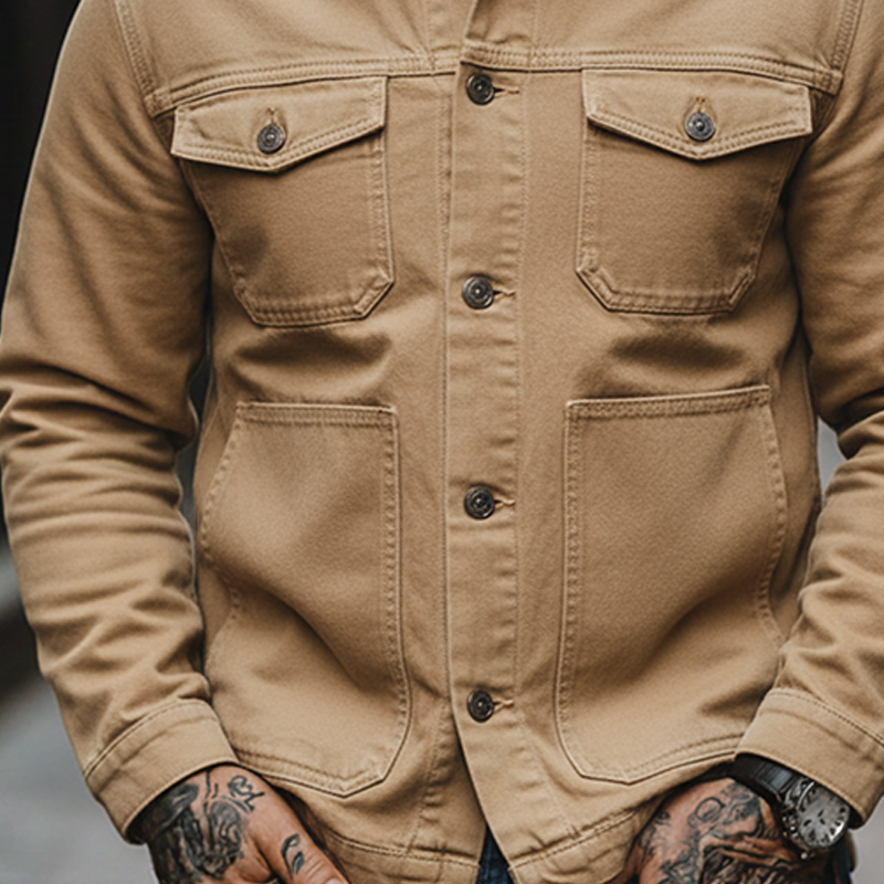 Men's Solid Color Canvas Cotton Lapel Multi-pocket Jacket MTA1908K5X
