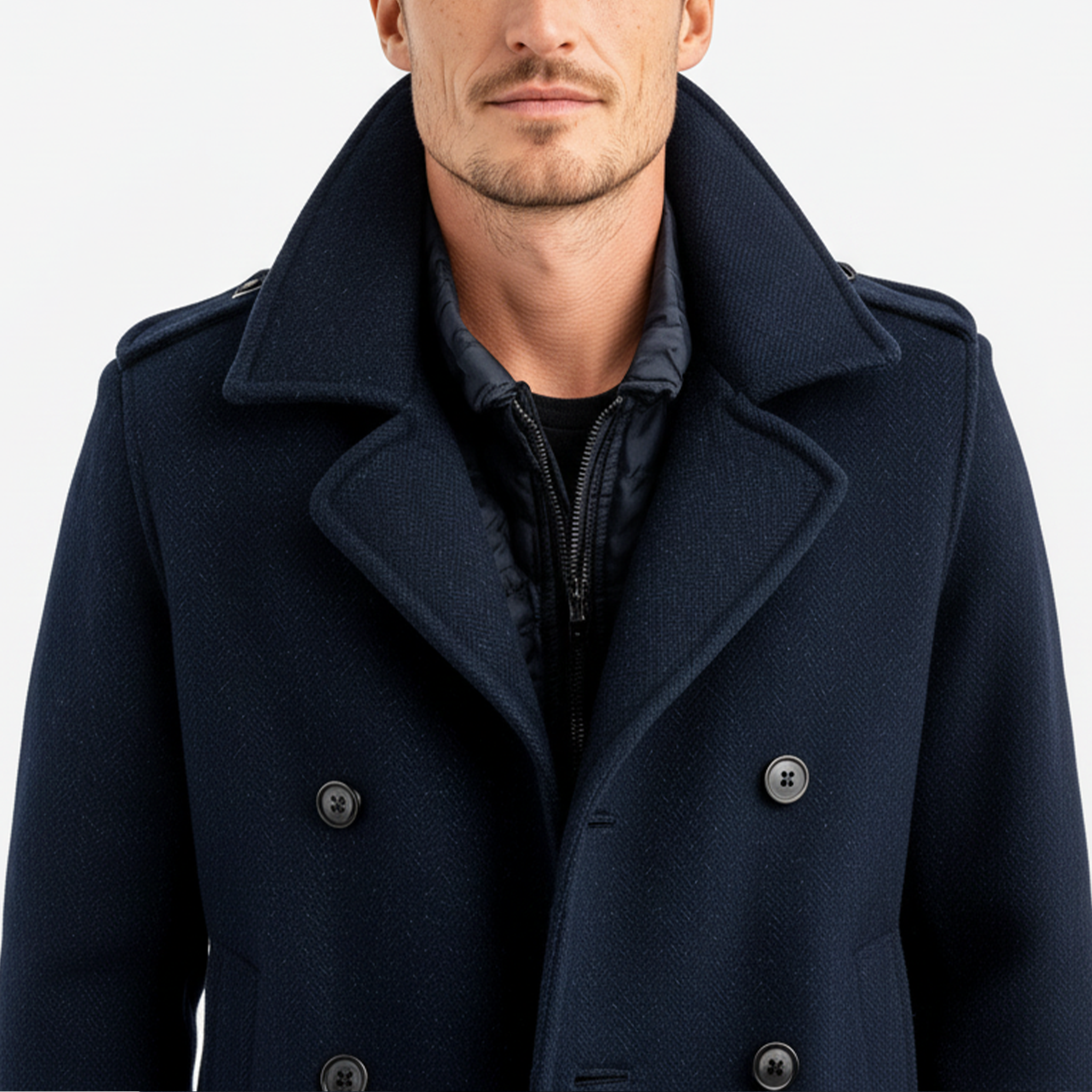 Men's Classic Retro Lapel Navy Blue Double-breasted Faux Woolen Short Coat MTA2644I9K