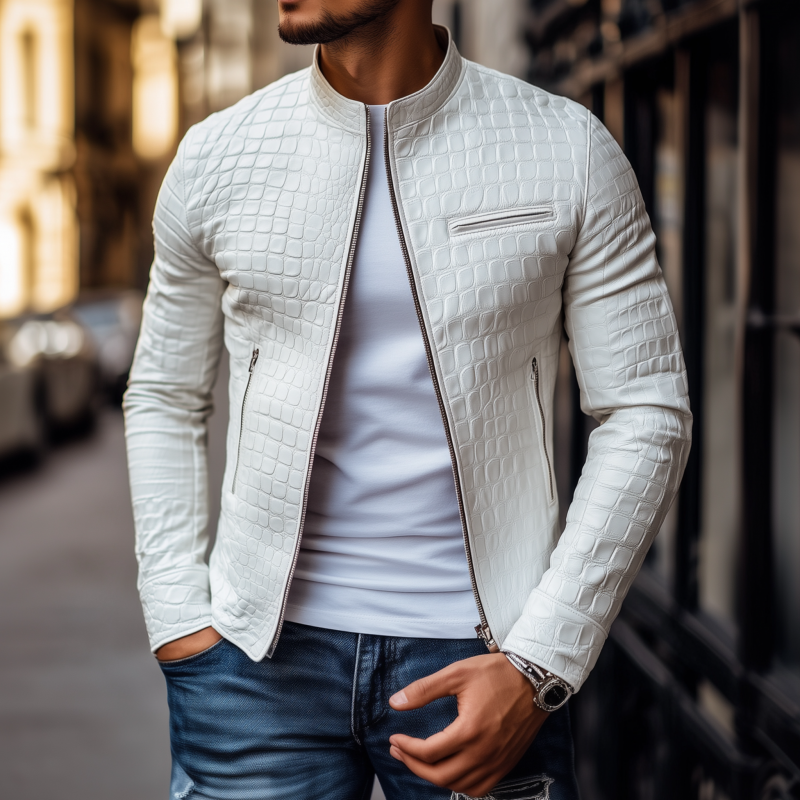 Men's Fashion Solid Color Textured PU Stand Collar Zipper Placket Slim Fit Motorcycle Jacket MTA1499H1M