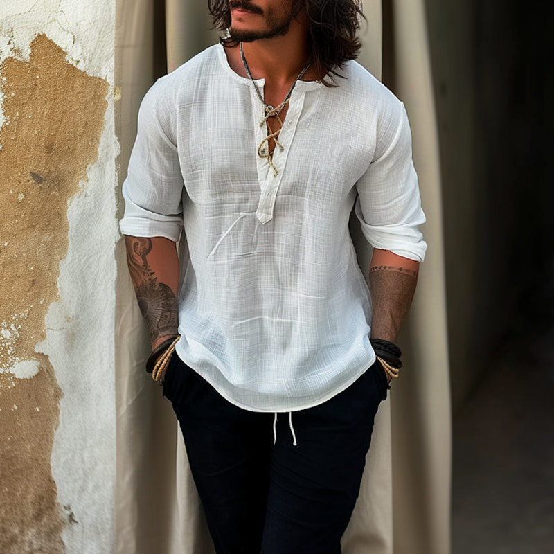 【24-hour shipping】Men's Solid Linen Lace-up Round Neck Long Sleeve Casual Shirt 23417764Z