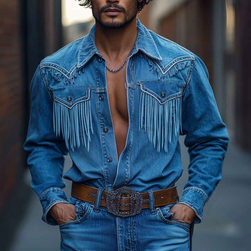 Retro Western Cowboy Dusk-søm, denim, langermet skjorte for menn 10742814U