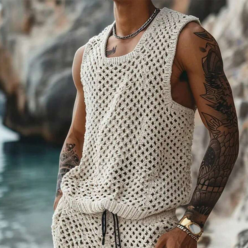 Men's Vacation Knitted Vest Shorts Two-Piece Set 86642152X