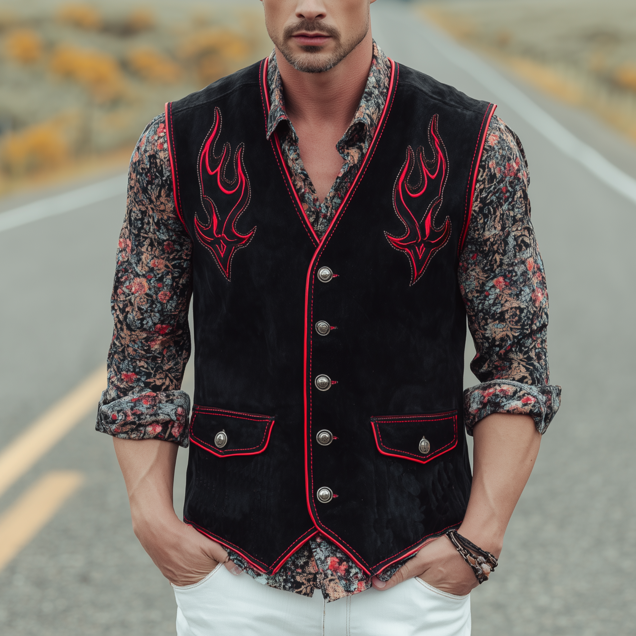 Men's Classic Western Embroidered Suede Vest MTA0878I1K