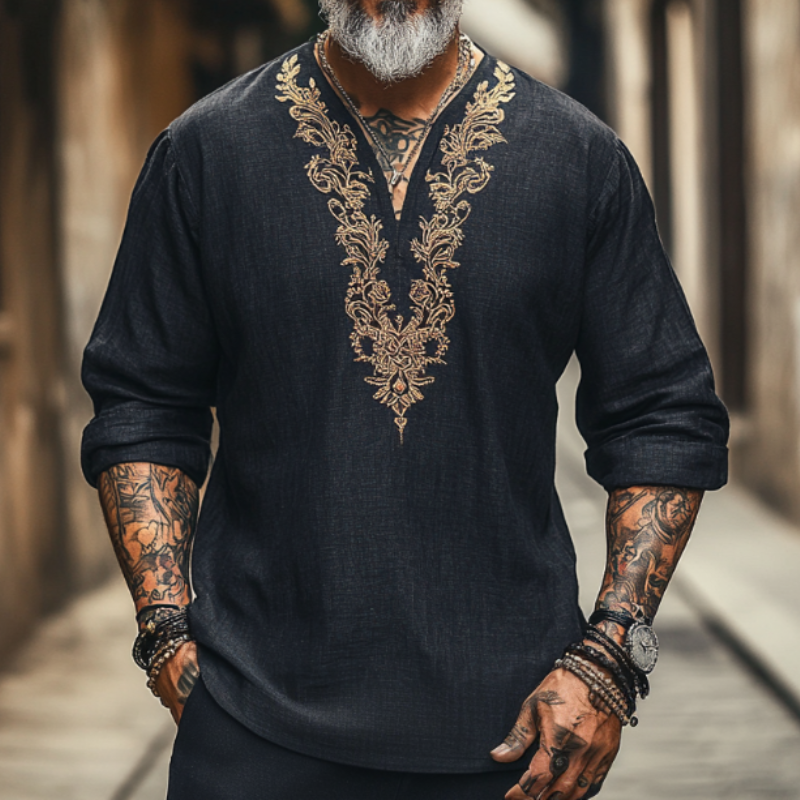 Men's Casual Vintage V-neck Cotton Blend Embroidered Long-sleeved T-shirt 65382588F