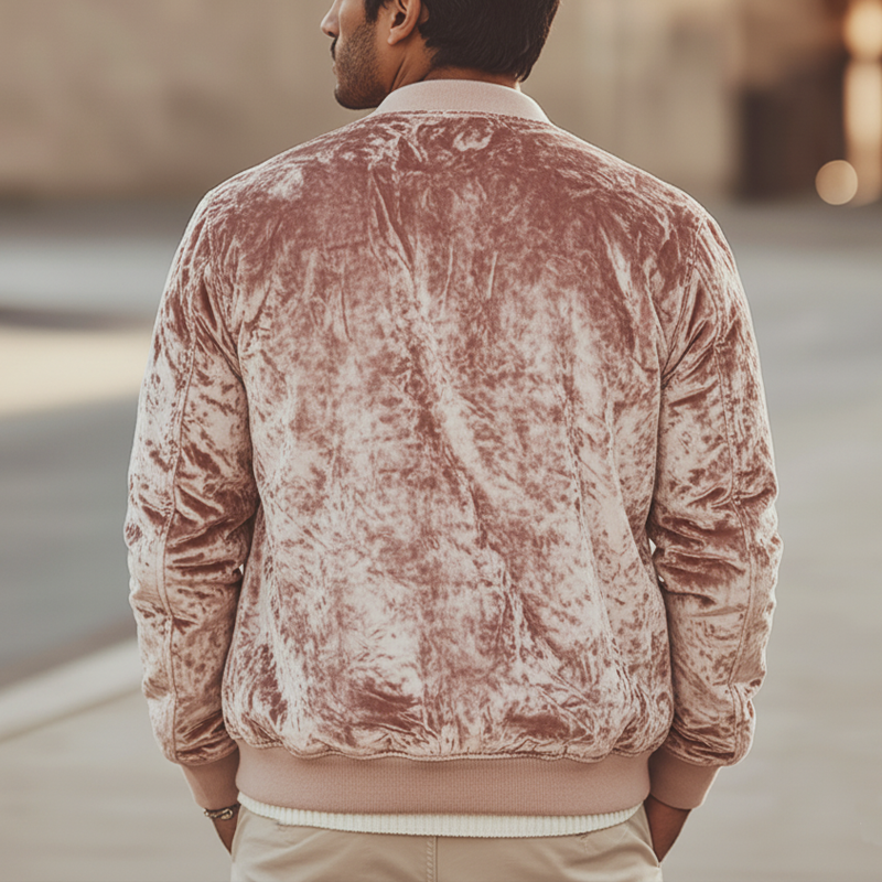 Men's Urban Light Pink Velvet Button-up Baseball Jacket MTA0470L8U