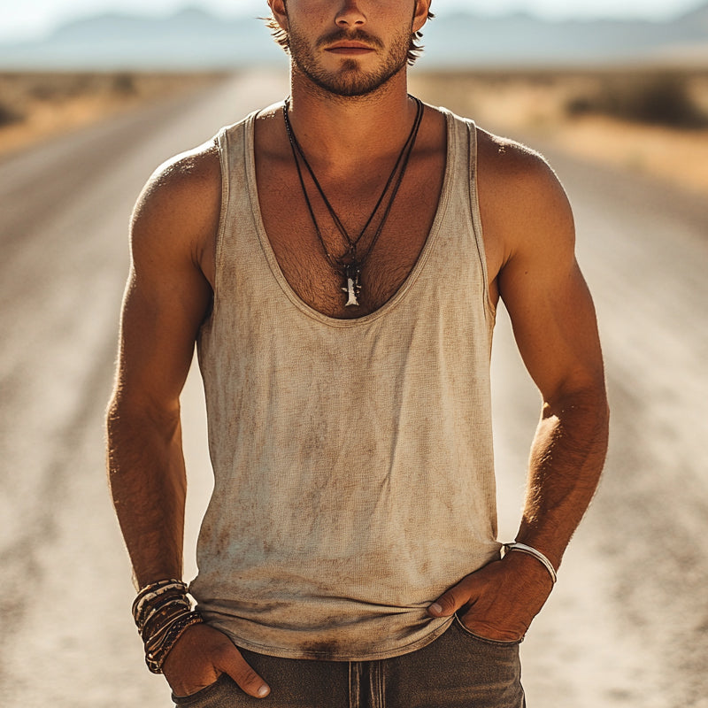Men'S Vintage Distressed Printed Crew Neck Tank Tops MTA1086E1X