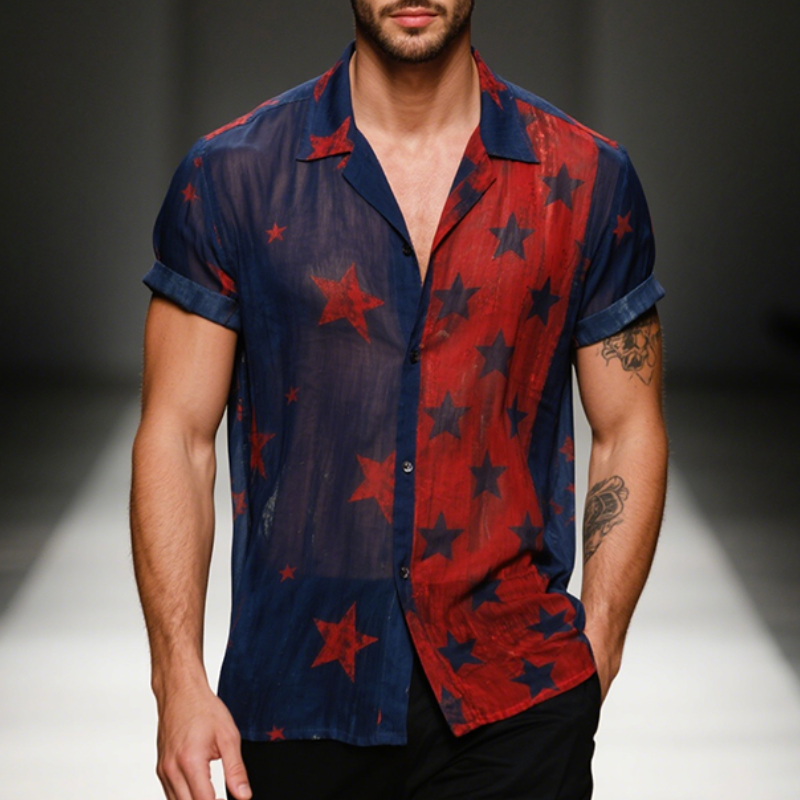Men's Retro Casual Contrast Print Star Lapel Short Sleeve Shirt MTA2309E7TO