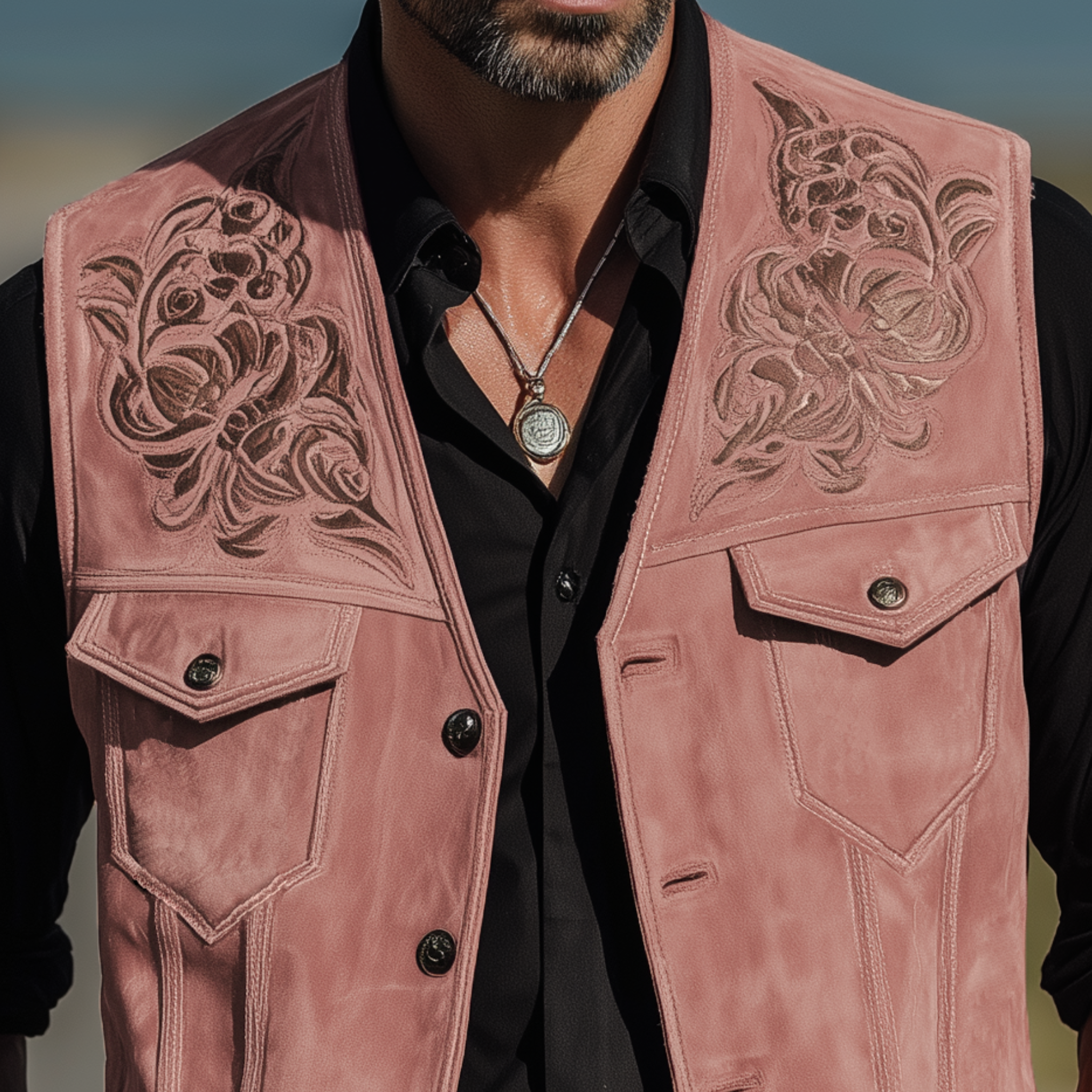 Men's Classic American Retro Western Style Pink Suede Embroidered Vest MTA1901H7K