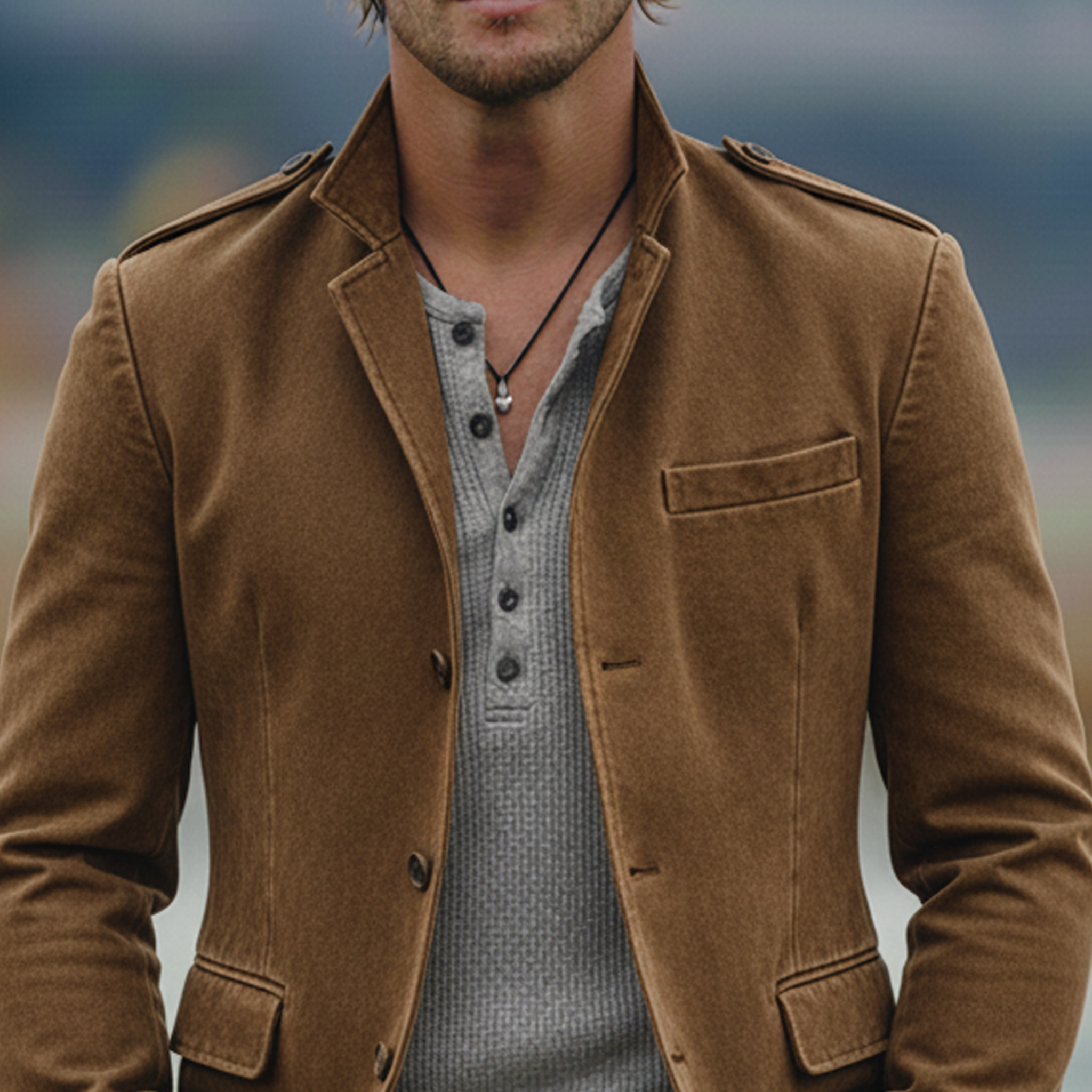 Men's Classic Casual Stand-collar Epaulet Washed Cotton Blend Jacket MTA1915L3K