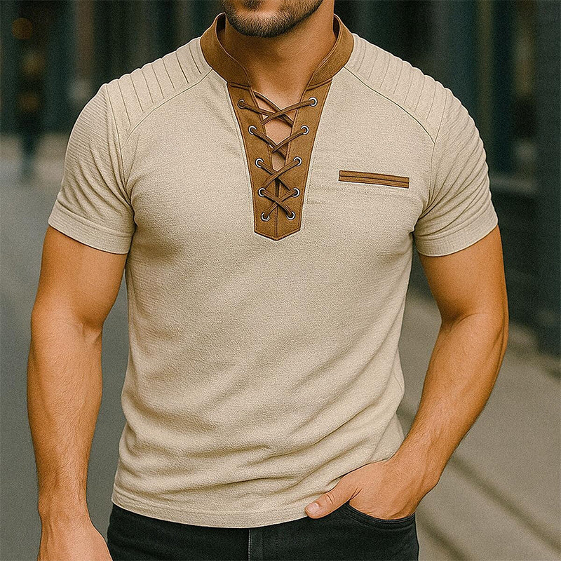 Men's Casual Contrast Color Lace-Up Short-Sleeved T-Shirt MTA1924E9X