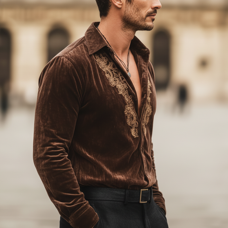 Men's Retro Velvet Exquisite Embroidered Long-Sleeved Shirt MTA2691L2U
