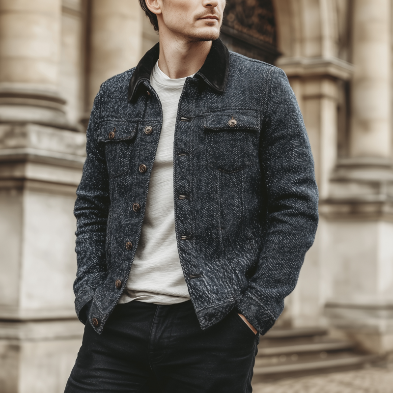 Men's Vintage Twill Patchwork Velvet Lapel Single-breasted Slim-fit Jacket MTA1916H6M