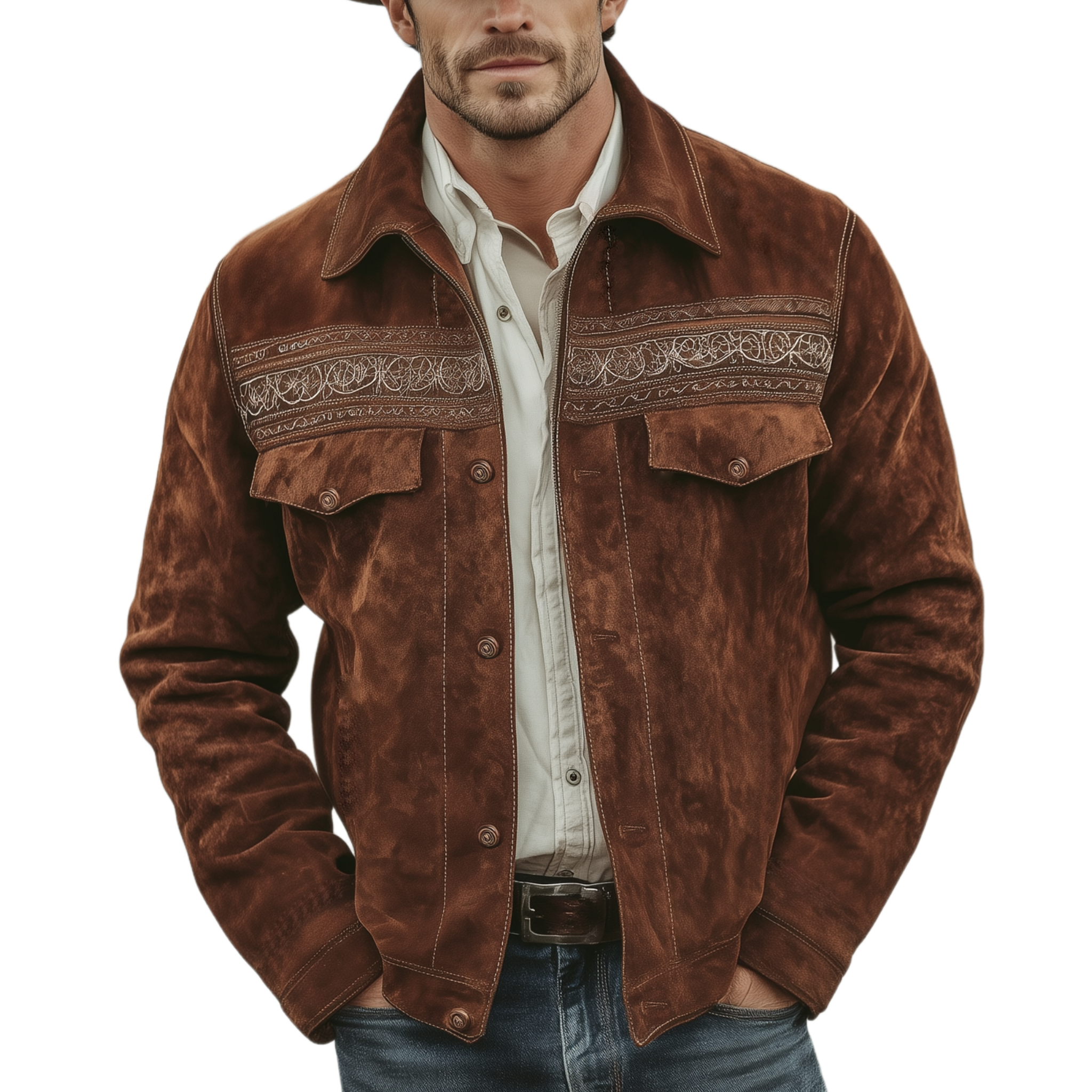 Men's Classic Retro Western Style Embroidered Lapel Faux Suede Jacket MTA2414K4K