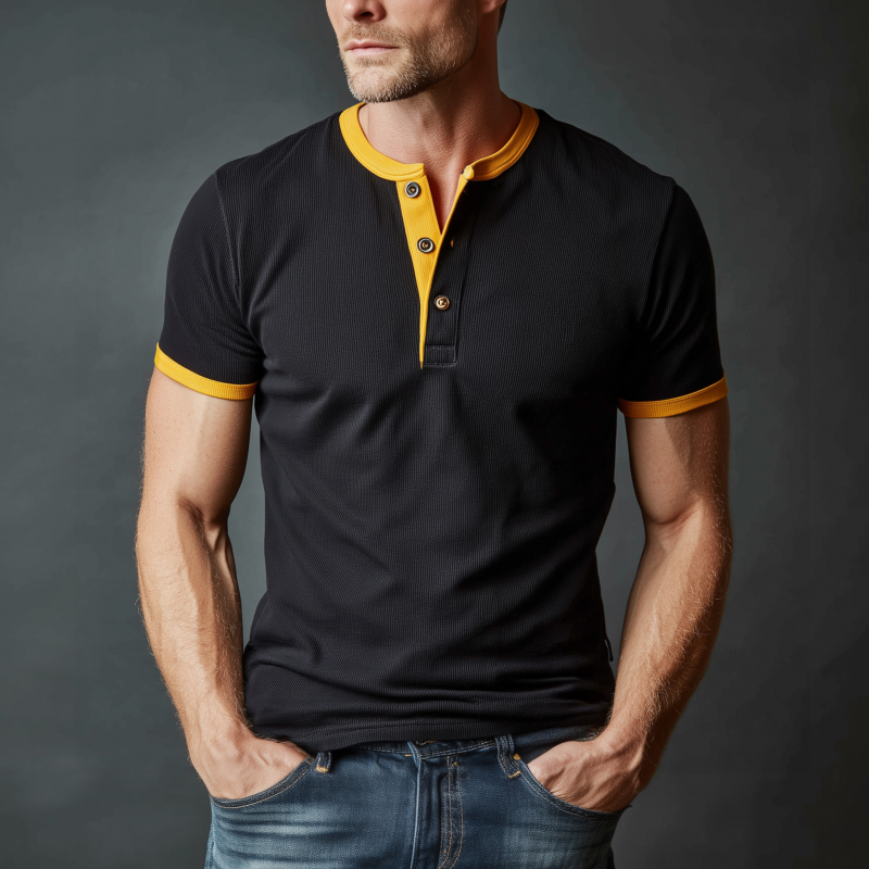 Men's Casual Cotton Blend Colorblock Ribbed Henley Collar Slim Fit Short Sleeve T-Shirt MTA2391G8M