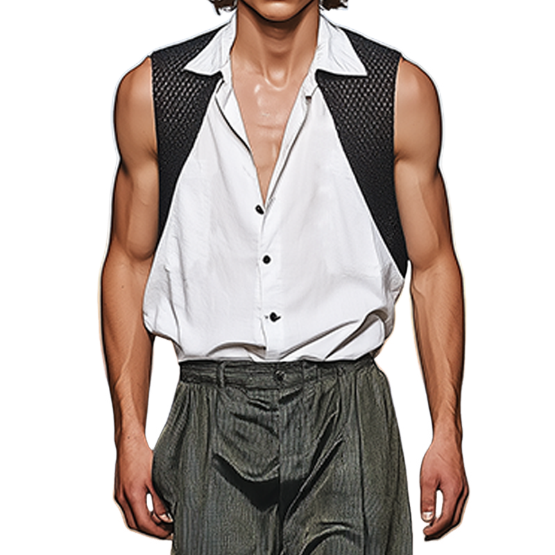 Men's Summer Fashion Casual Mesh Fabric Splicing Cotton Blend Sleeveless Shirt MTA2342F1K