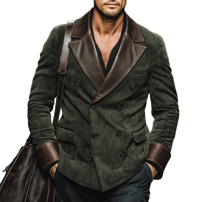 Men's Vintage Corduroy And PU Leather Double-breasted Double-slit Blazer MTA2253J9U