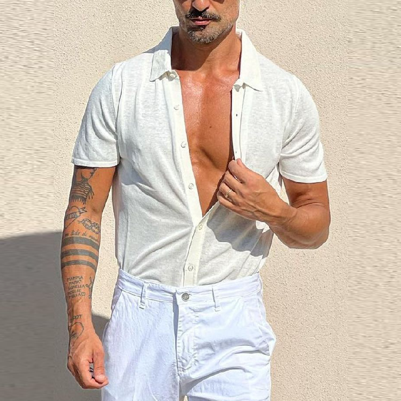 Men's Casual Cotton Lapel Single Breasted Short Sleeve Shirt 17091277M