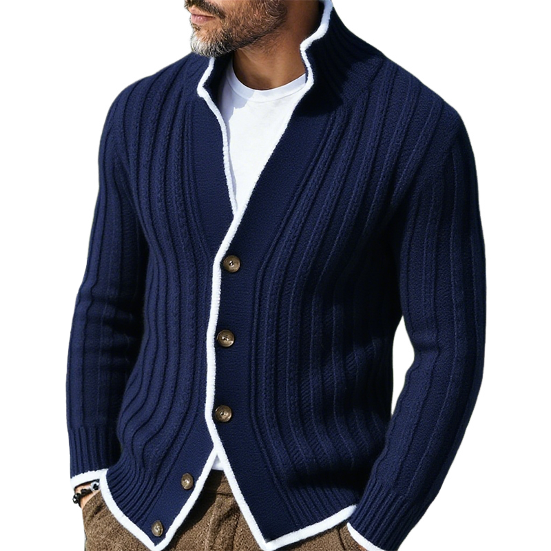 Men's Retro Casual Knitted Colorblock Button Sweater Stand Collar Cardigan MTA1655J8TO