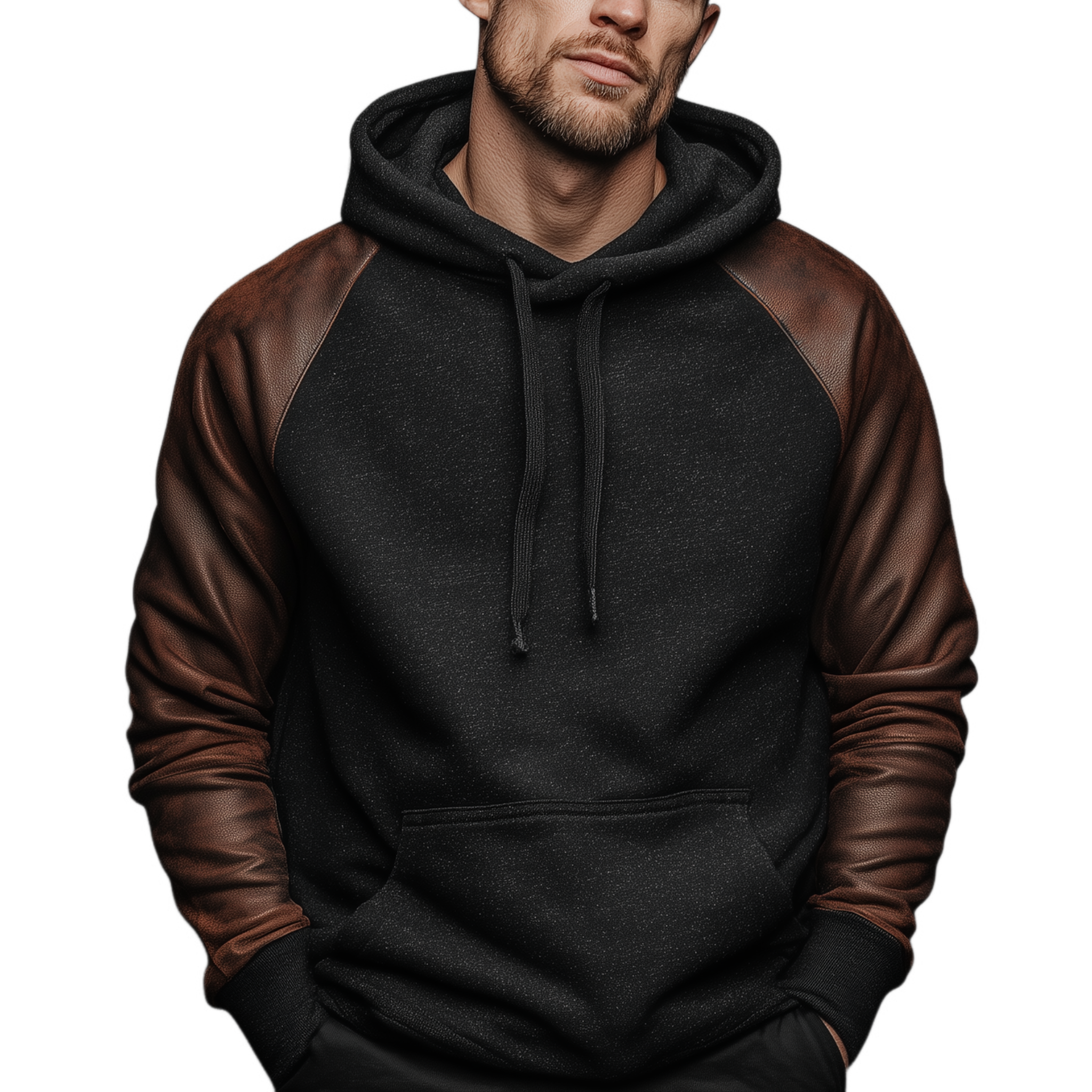 Men's Classic Casual Sleeve Stitching PU Leather Loose Cotton Blend Hoodie MTA0917J2K