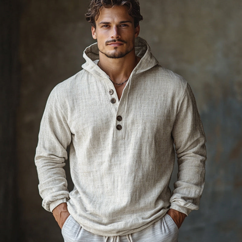 Men's Skin-friendly Off-White Cotton and Linen Long-sleeved Hoodie 95678739U