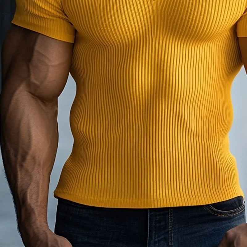 Men's Solid Color V-neck Short-sleeved Knitted Striped T-shirt MTA1956E6X