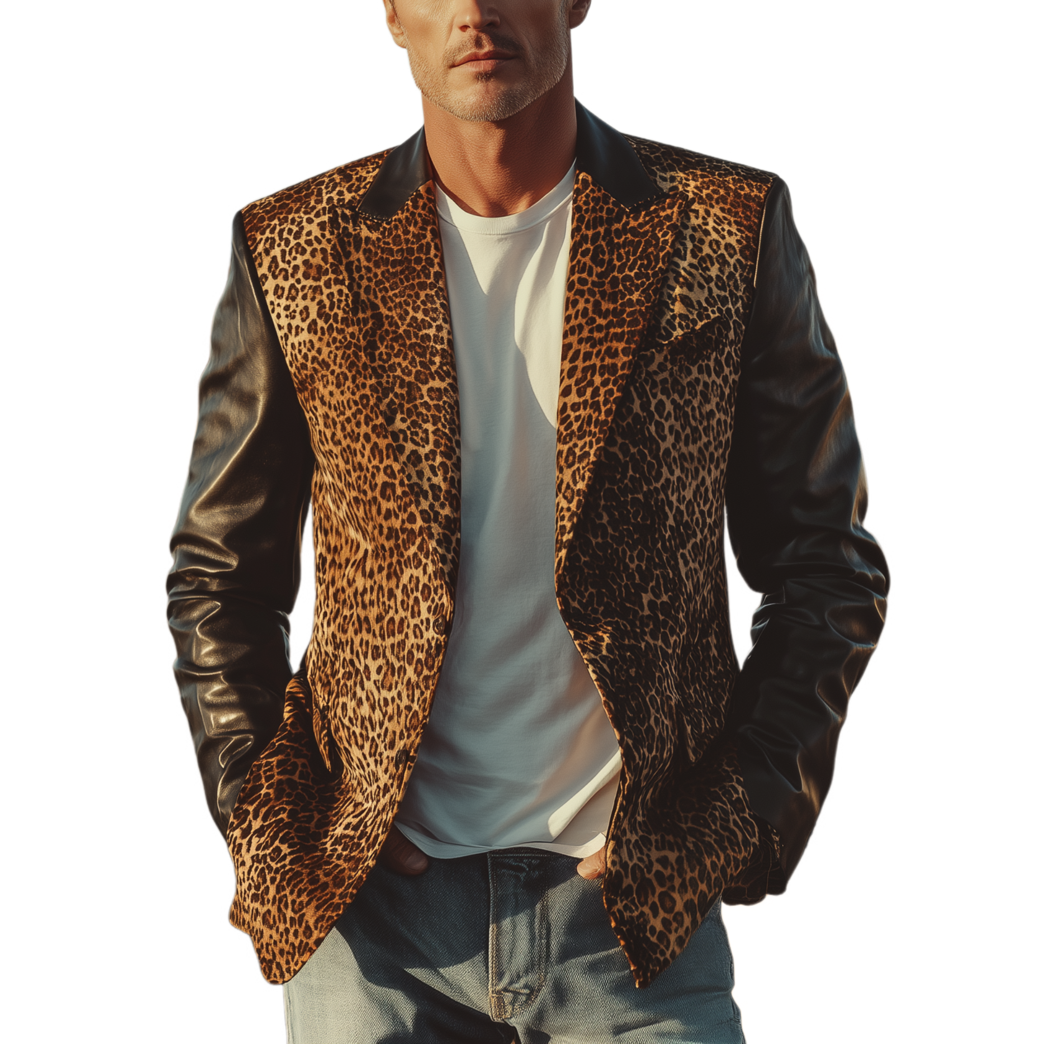 Men's Classic Fashion Leopard Suede Stitching PU Leather Single-breasted Slim-fit Blazer MTA0676H4K