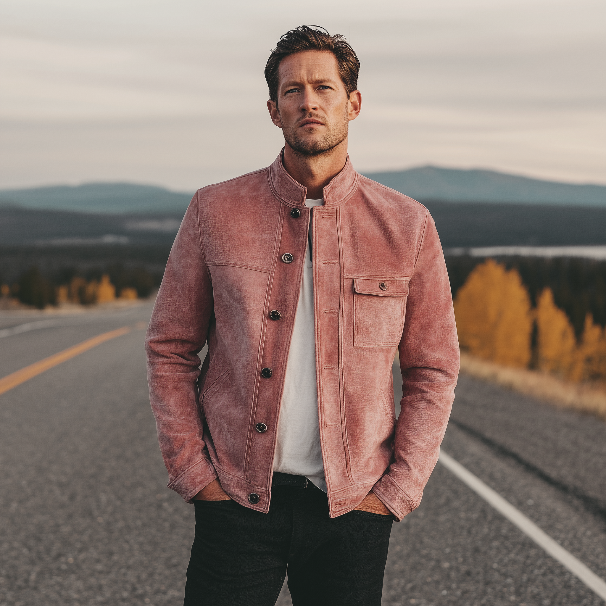 Men's Classic American Retro Stand Collar Pink Suede Placket Button Jacket MTA1883H9K