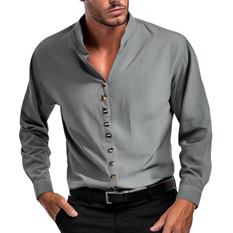 Men's Cotton Stand Collar Single Breasted Long Sleeve Shirt MTA0463G1X