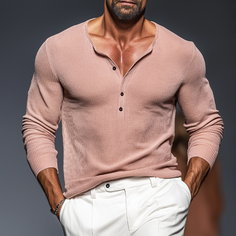 Men's Casual Pink Stretch Slim Fit Henley Knit Long Sleeve T-Shirt MTA2751J0U