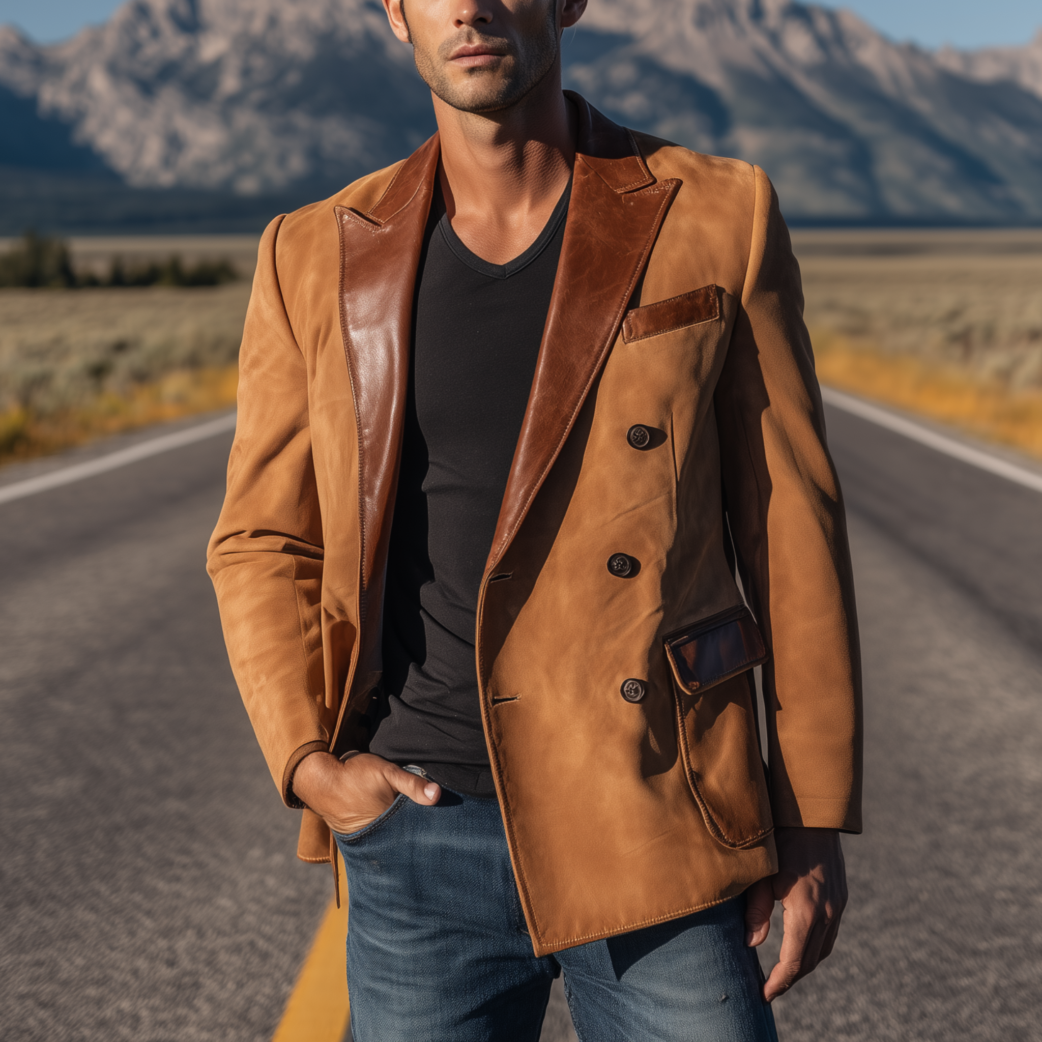 Men's Classic Retro Western Cowboy Style Suede Double-breasted Collar Splicing PU Leather Slim-fit Blazer MTA0522H1K