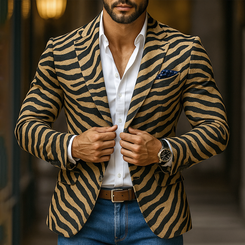 Men's Zebra Print Faux Suede Notch Lapel Two Buttons Blazer MTA0148I1Z