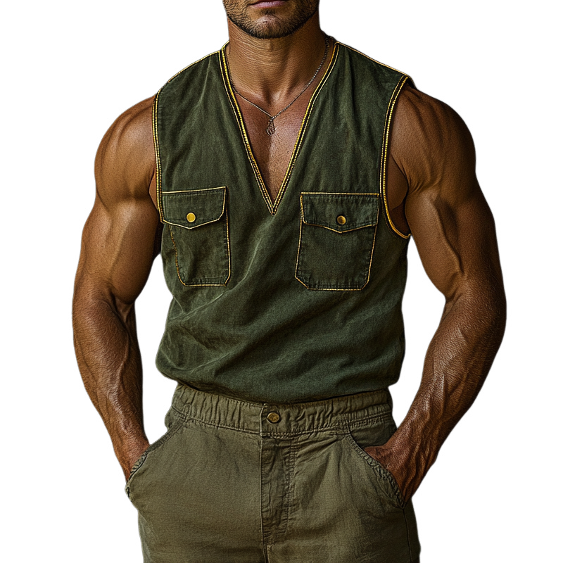 Men's Vintage Washed V-Neck Sleeveless Workwear Multi-Pocket Tank Tops MTA1266F4X