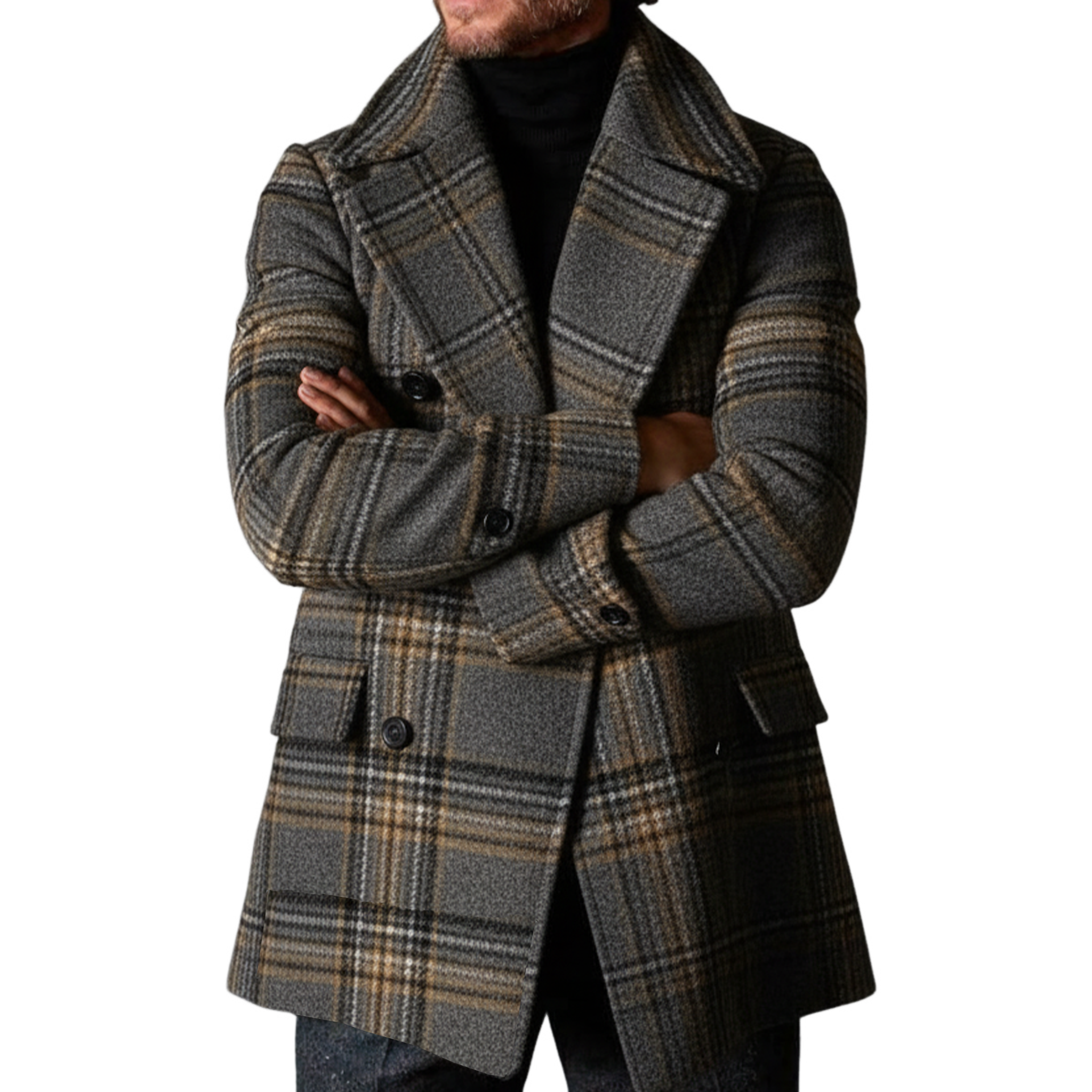 Men's Classic Retro Lapel Faux Plaid Wool Double-breasted Coat MTA3039I1K